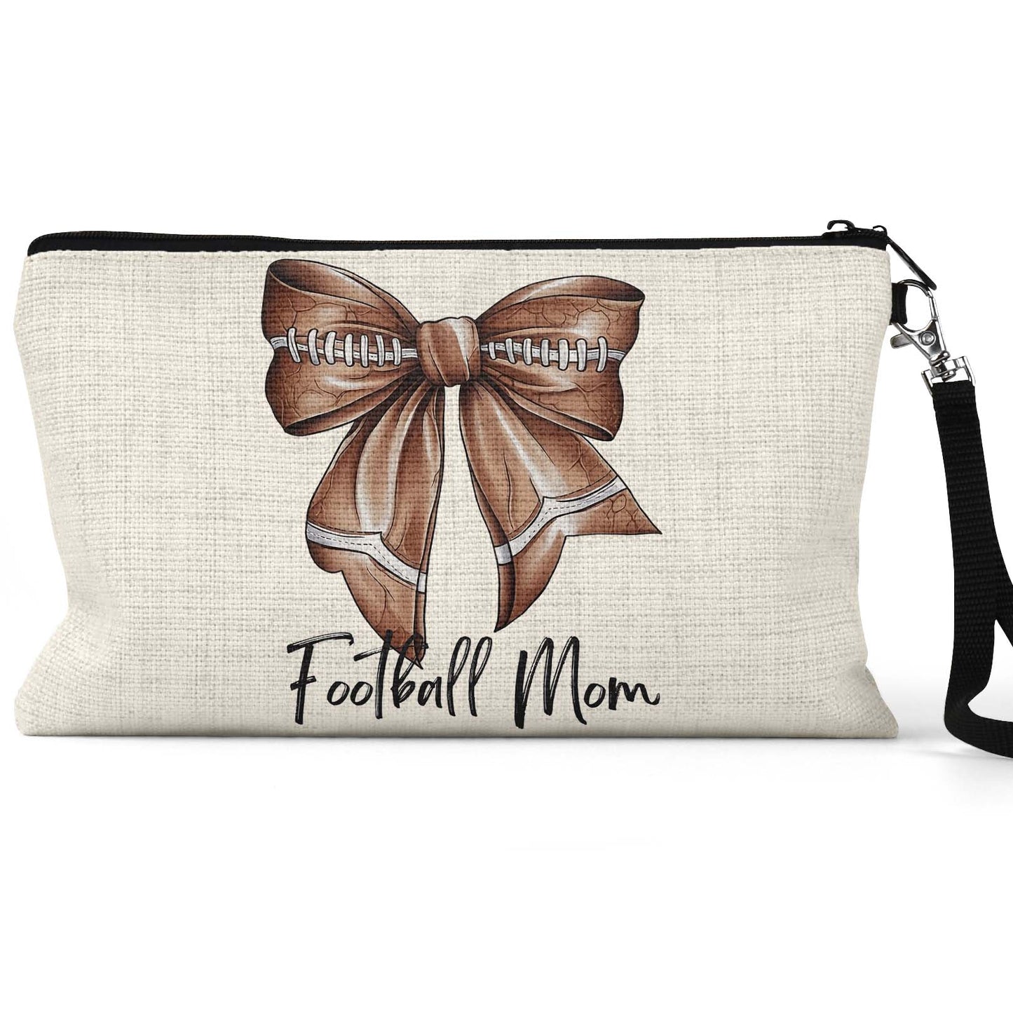 Football Mom Bow Makeup Bag front view on a white background