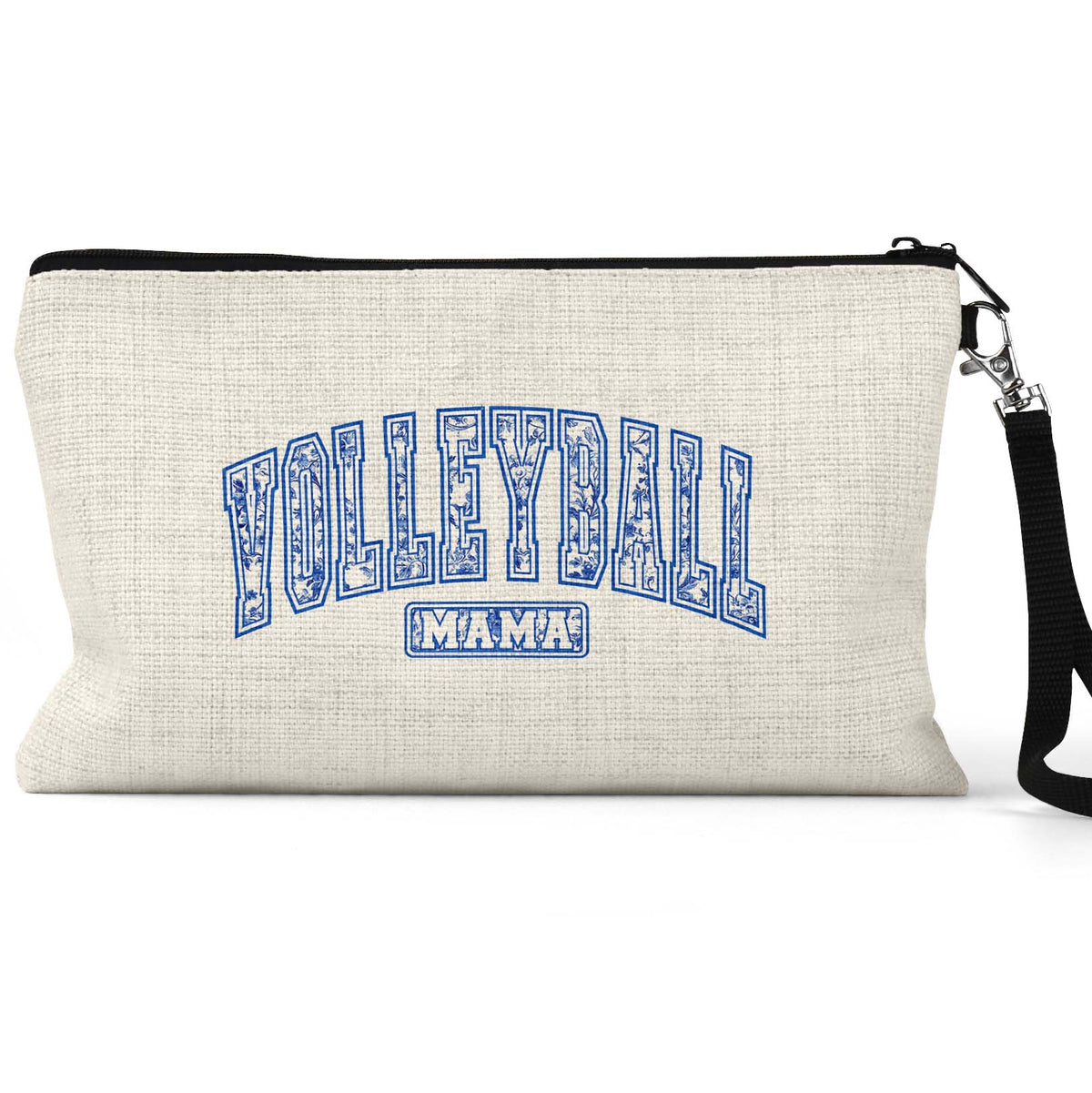 Volleyball Mama Blue Toile Makeup Bag front view on a white background