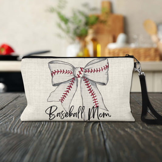 Baseball Mom Bow Makeup Bag – Personalized Baseball Wristlet Pouch