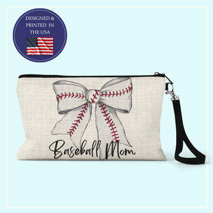 Baseball Mom Bow Makeup Bag – Personalized Baseball Wristlet Pouch