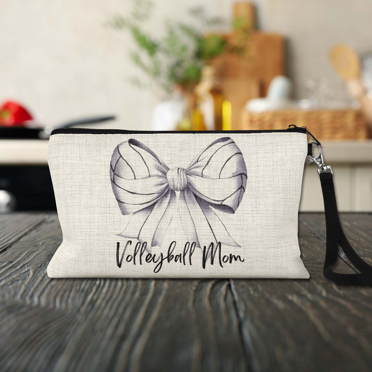 Volleyball Bow Makeup Bag on a kitchen counter