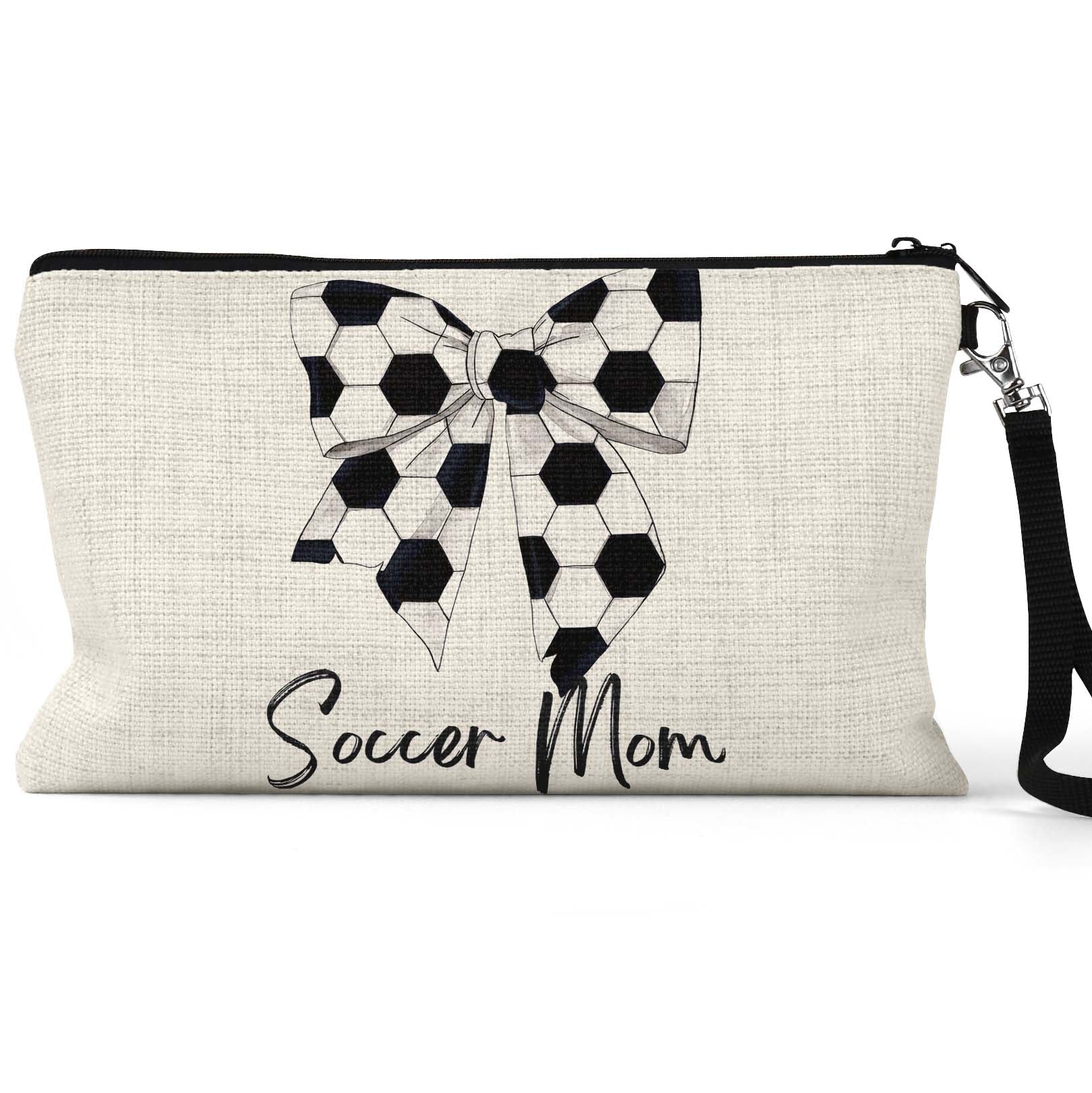 Soccer Mom Bow Makeup Bag front view on a white background