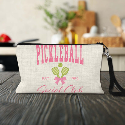 Pickleball Social Club Makeup Bag on a kitchen counter