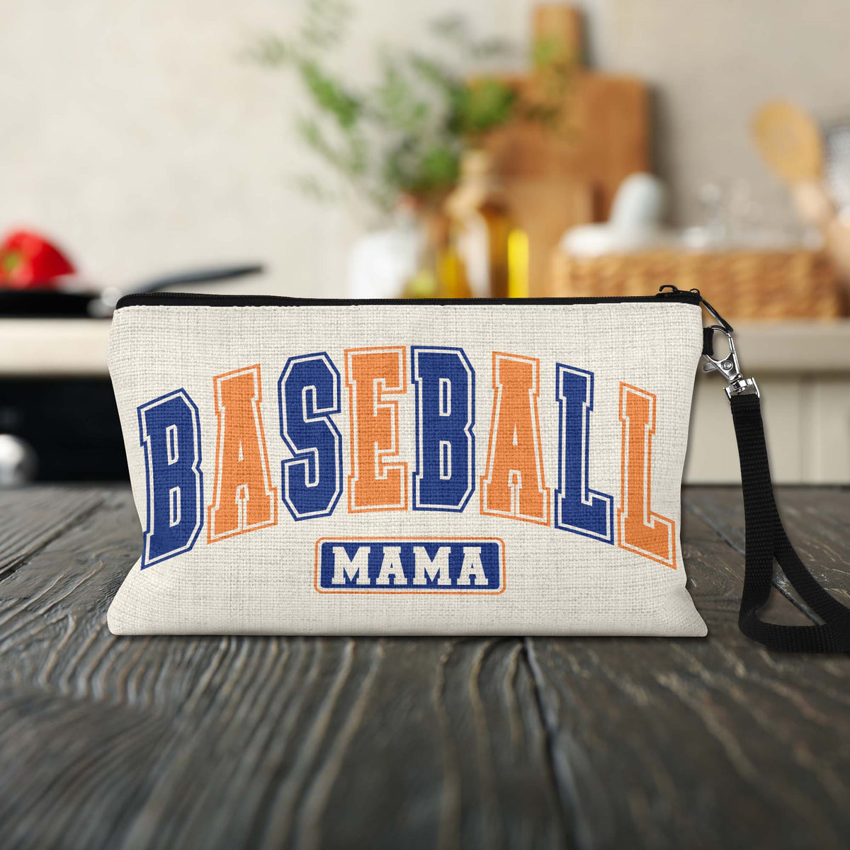 Baseball Mama Varsity Makeup Bag on a kitchen counter