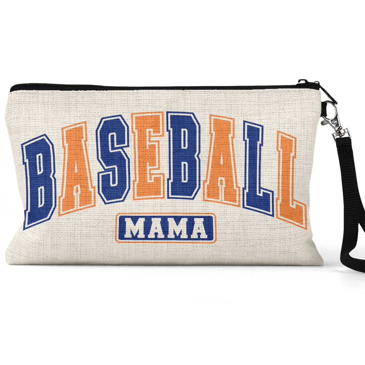 Baseball Mama Varsity Makeup Bag front view on a white background