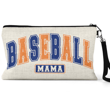 Baseball Mama Varsity Makeup Bag front view on a white background