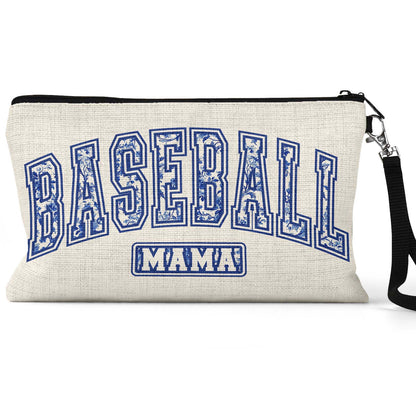 Baseball Mama Blue Toile Makeup Bag front view on a white background