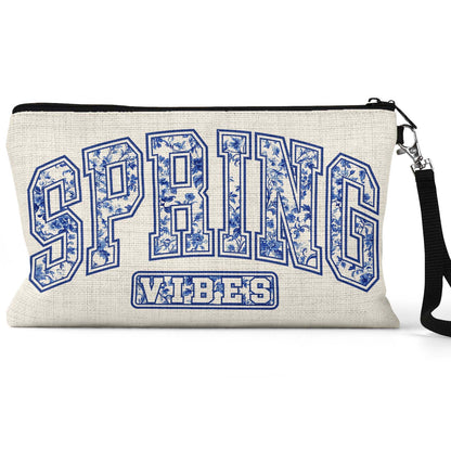 Spring Vibes Blue Toile Makeup Bag front view on a white background