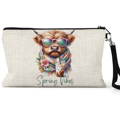 Spring Vibes Highland Cow Makeup Bag front view on a white background