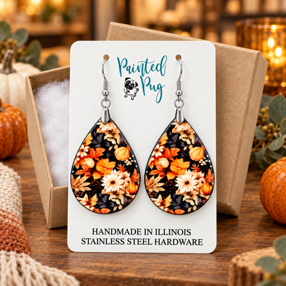 Fall Floral Teardrop Earrings – Daisies and Leaves