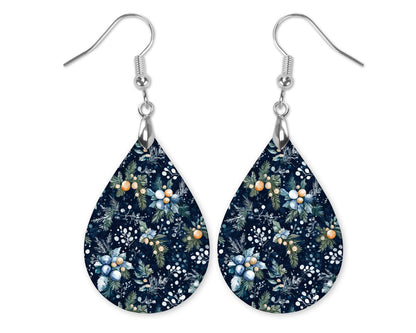 Navy Winter Floral Earrings – Holiday Teardrop Jewelry