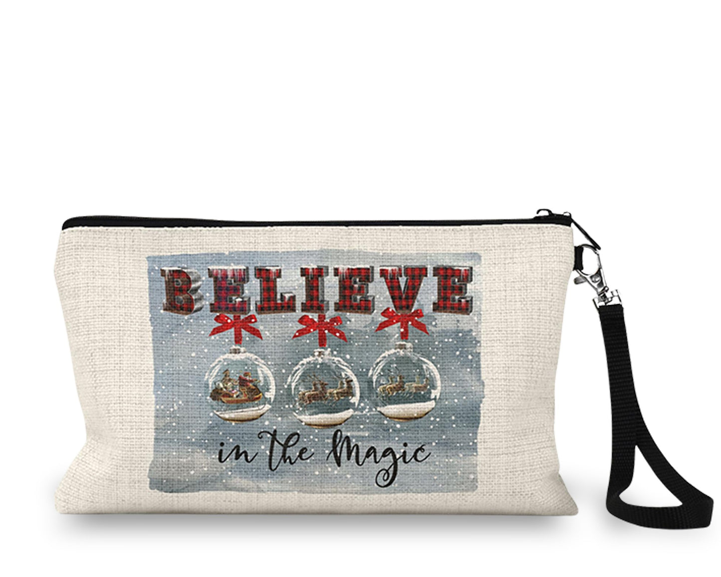 Believe in the Magic Snow Globe Makeup Bag front view on a white background