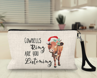Cowbells Ring Are You Listening Christmas cow Makeup Bag on a kitchen counter
