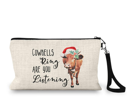 Cowbells Ring Are You Listening Christmas cow Makeup Bag front view on a white background