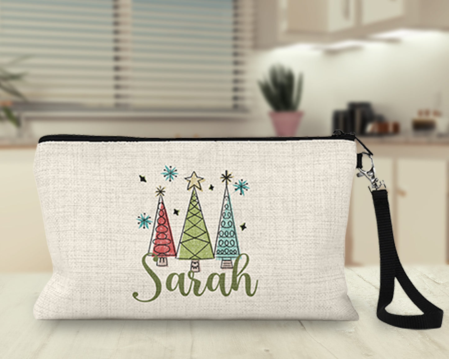 Personalized retro Christmas trees Makeup Bag on a kitchen counter