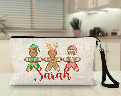 Personalized gingerbread family Makeup Bag on a kitchen counter