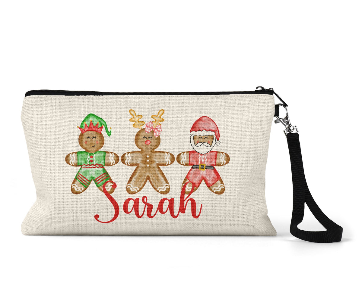 Personalized gingerbread family Makeup Bag front view on a white background