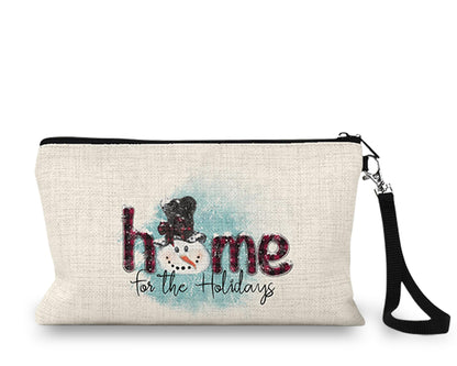 Home for the Holidays snowman Makeup Bag front view on a white background