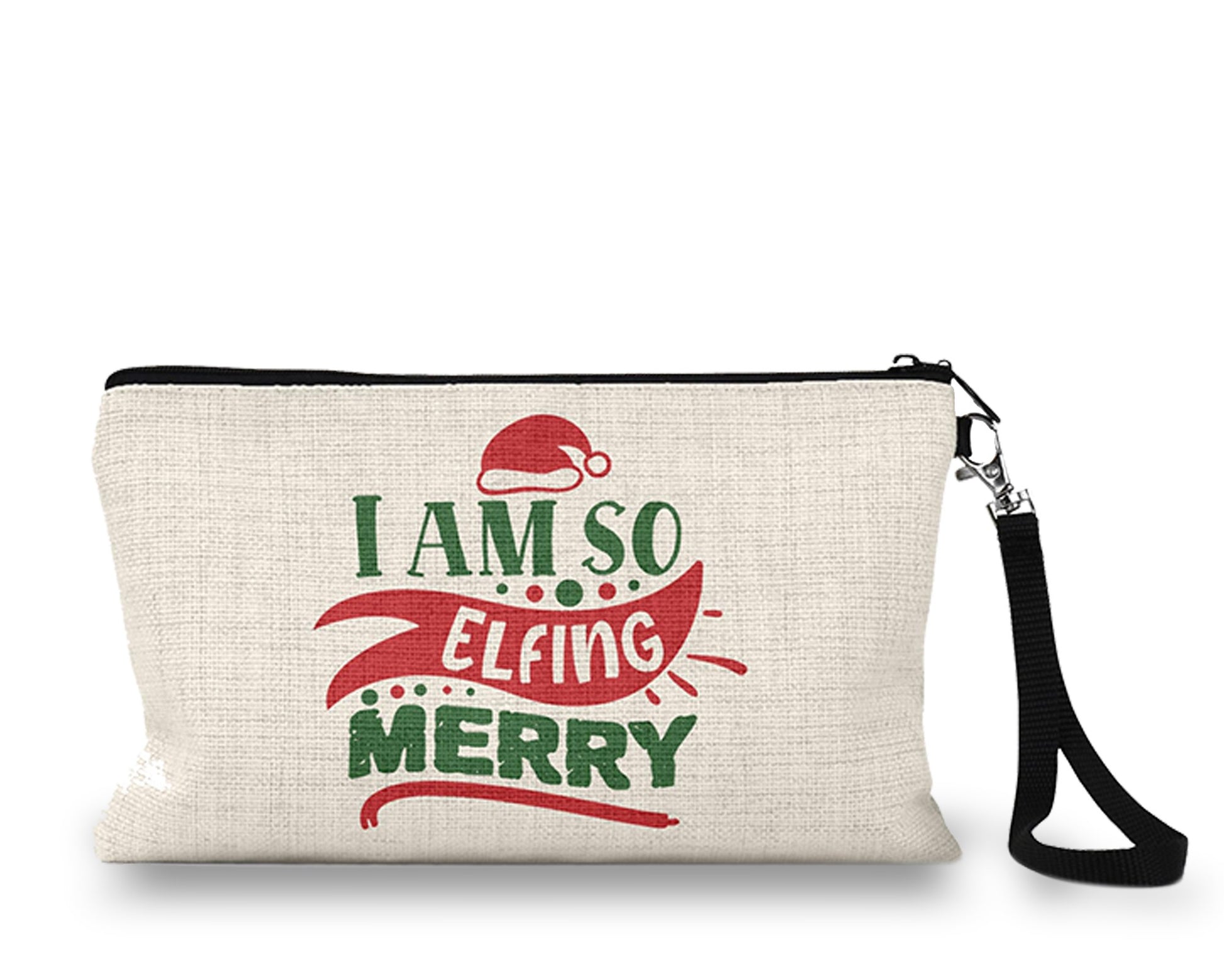 I Am So Elfing Merry Makeup Bag front view on a white background