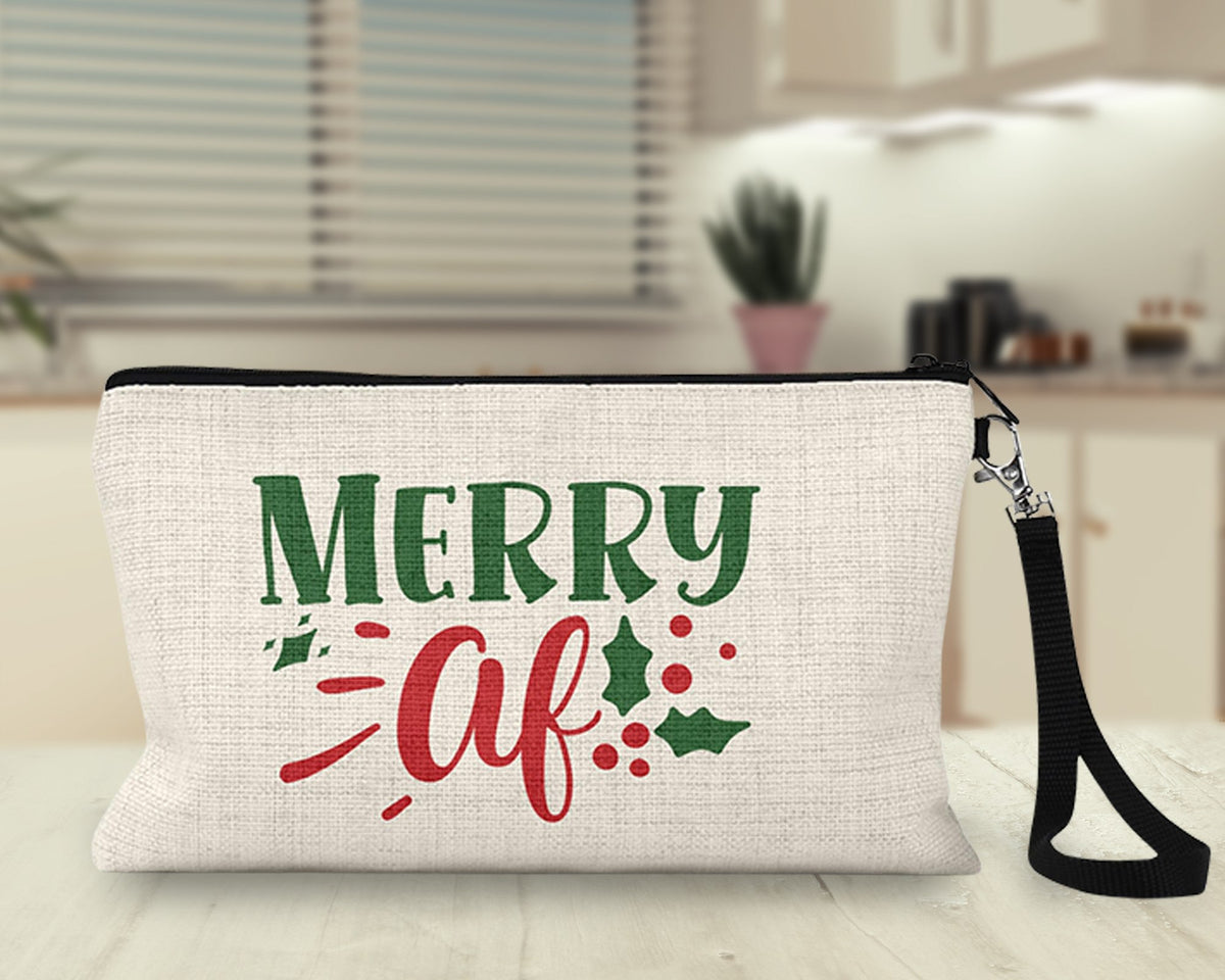 Merry AF Makeup Bag on a kitchen counter