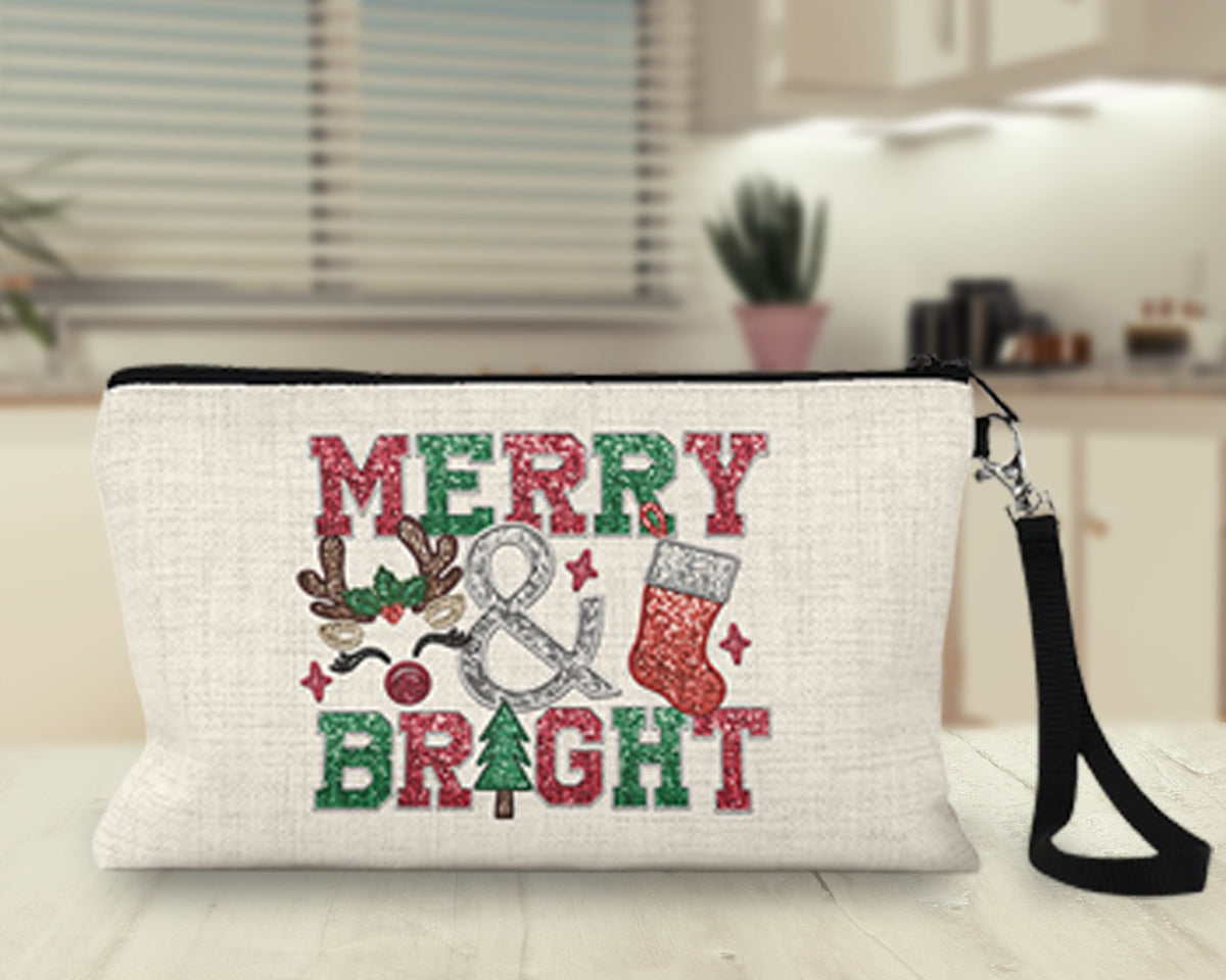 Merry and Bright glitter Makeup Bag on a kitchen counter