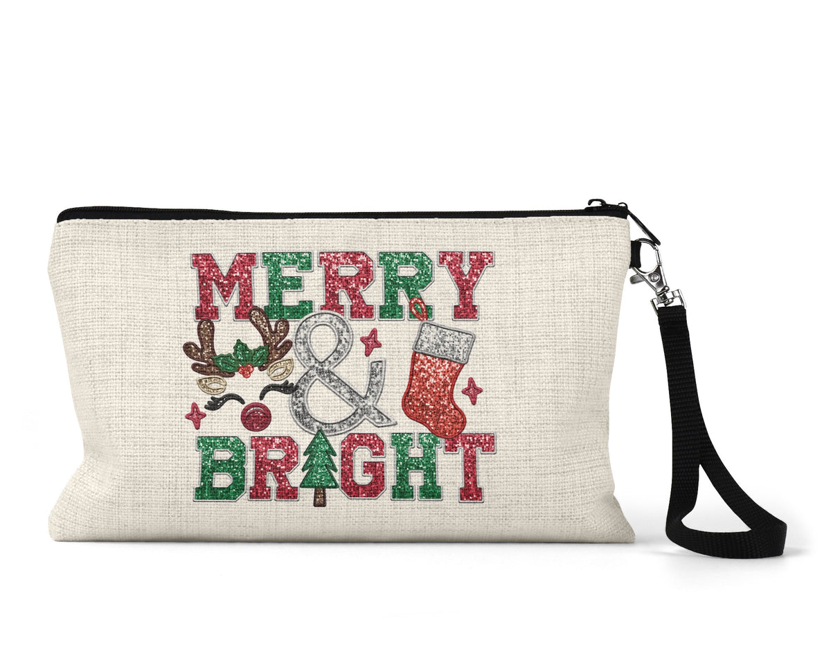 Merry and Bright glitter Makeup Bag front view on a white background