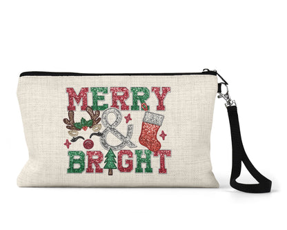 Merry and Bright glitter Makeup Bag front view on a white background