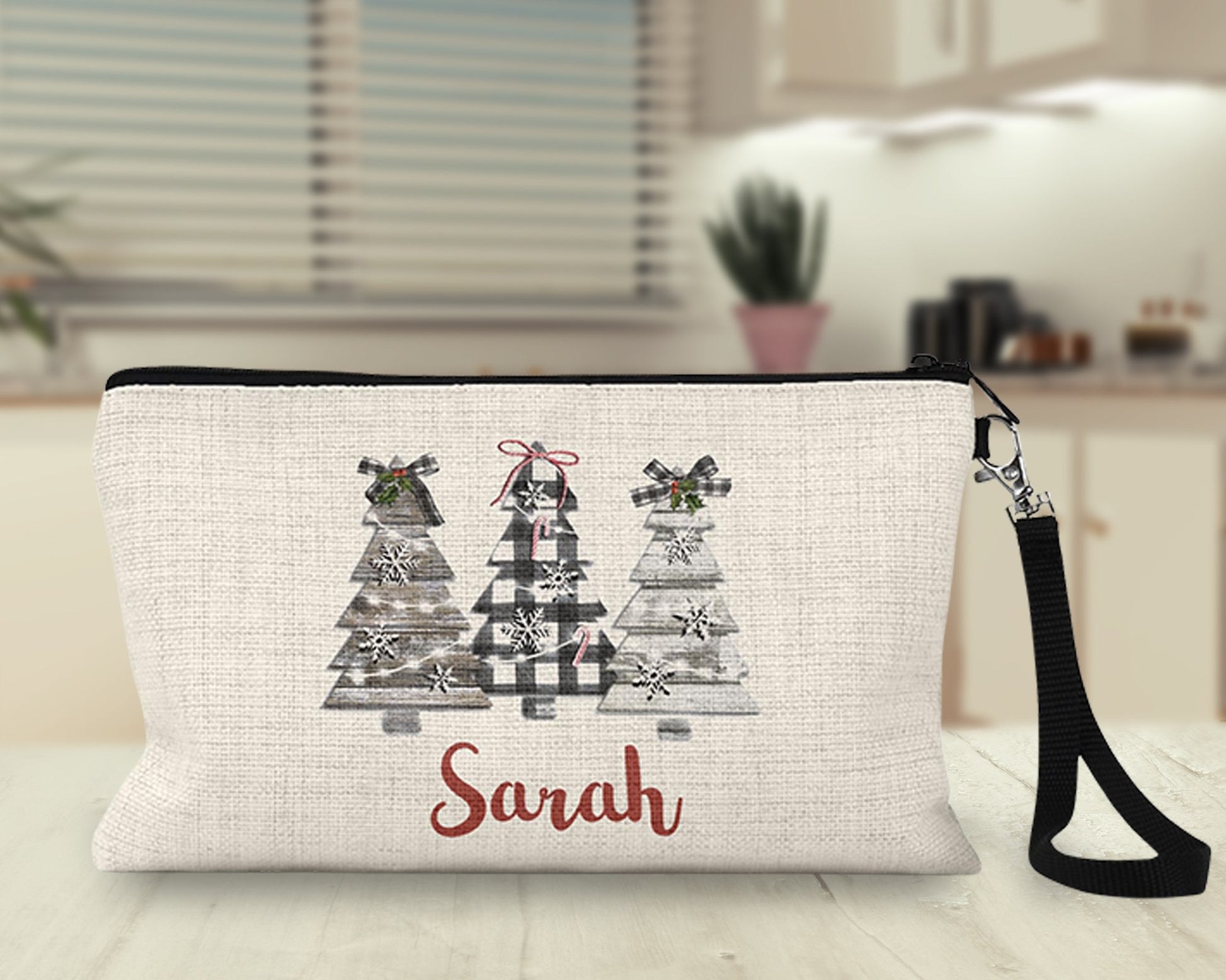 Personalized plaid Christmas trees Makeup Bag on a kitchen counter