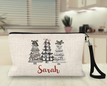 Personalized plaid Christmas trees Makeup Bag on a kitchen counter