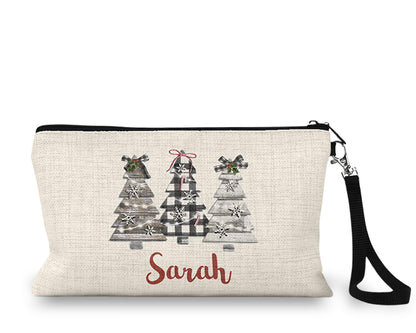 Personalized plaid Christmas trees Makeup Bag front view on a white background
