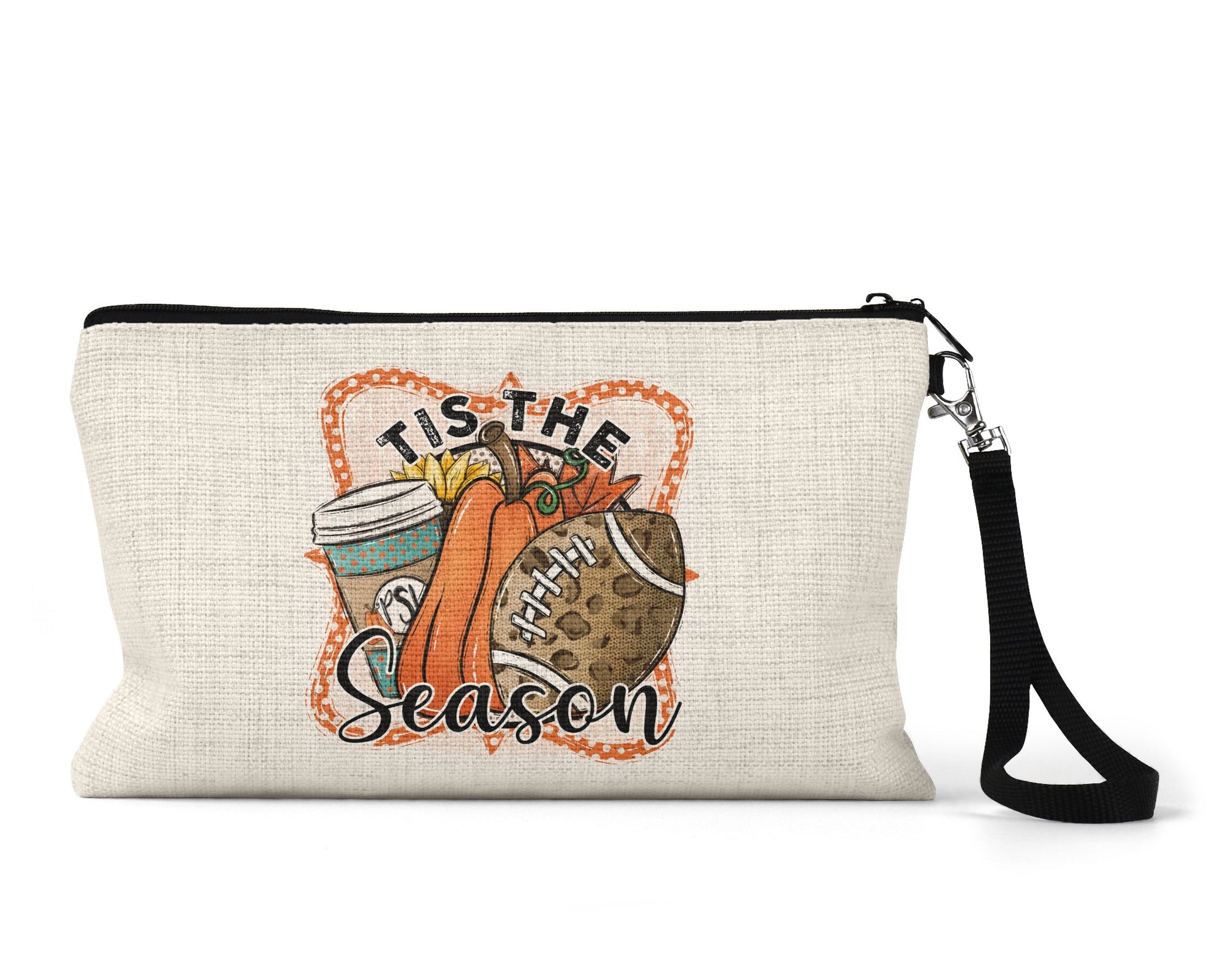 Tis the Season pumpkin latte and football Makeup Bag front view on a white background