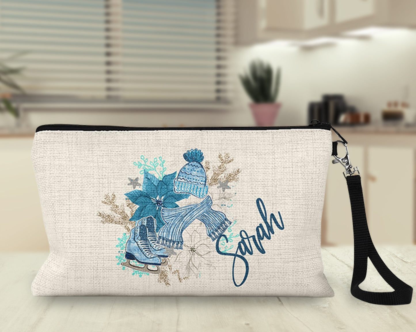 Personalized winter ice skates Makeup Bag on a kitchen counter