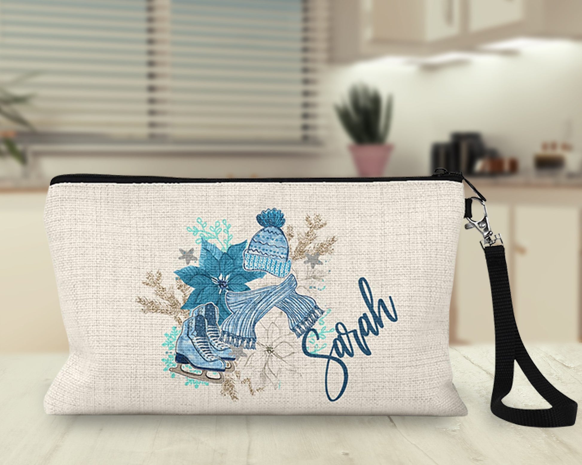 Personalized winter ice skates Makeup Bag on a kitchen counter