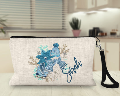 Personalized winter ice skates Makeup Bag on a kitchen counter