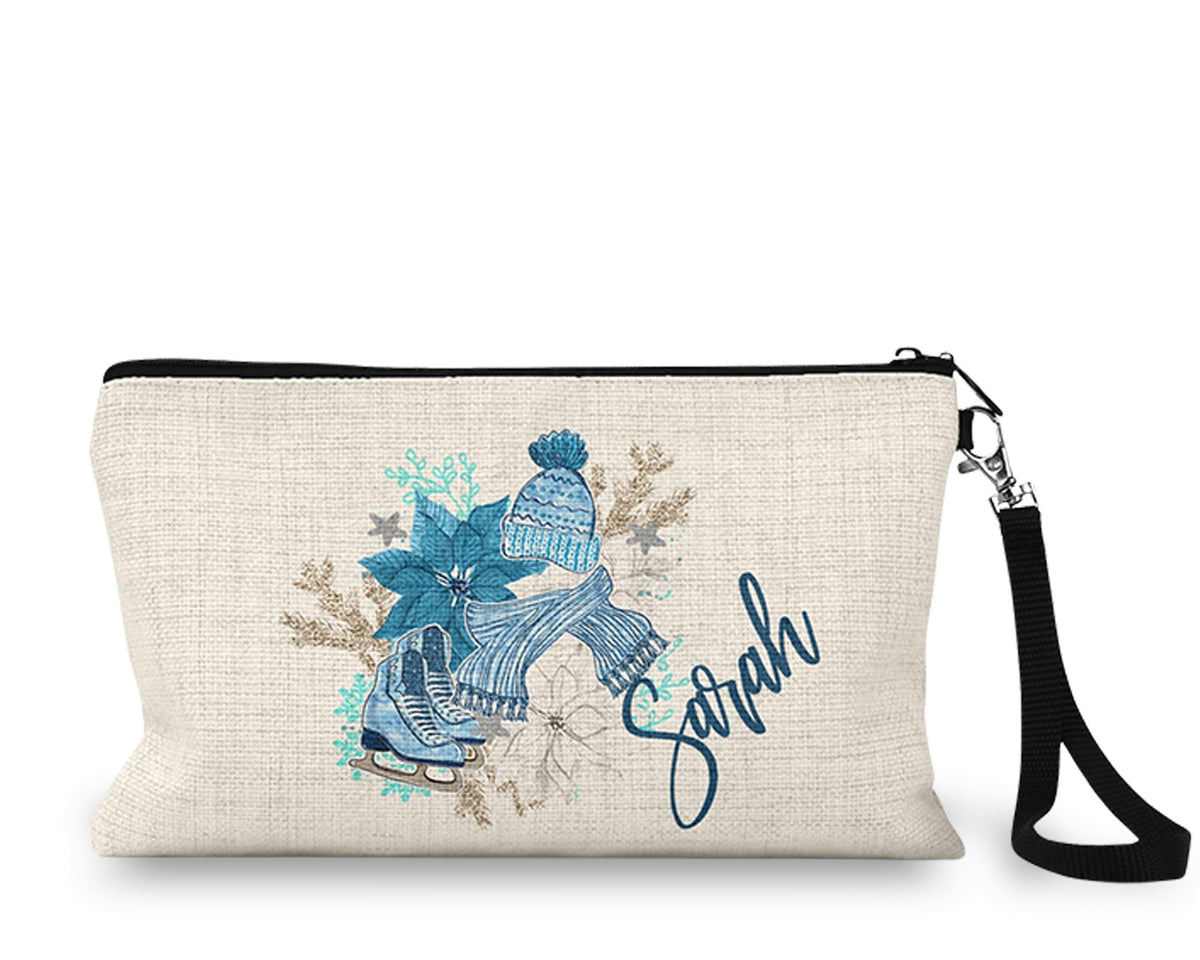 Personalized winter ice skates Makeup Bag front view on a white background