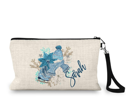 Personalized winter ice skates Makeup Bag front view on a white background