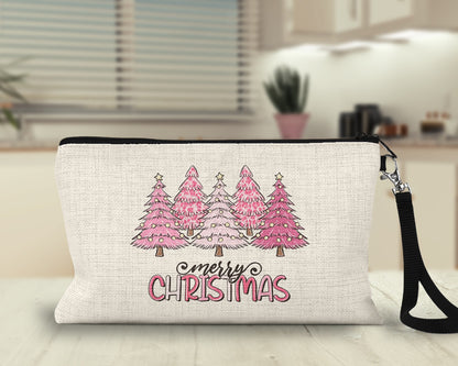 Pink Christmas trees Makeup Bag on a kitchen counter
