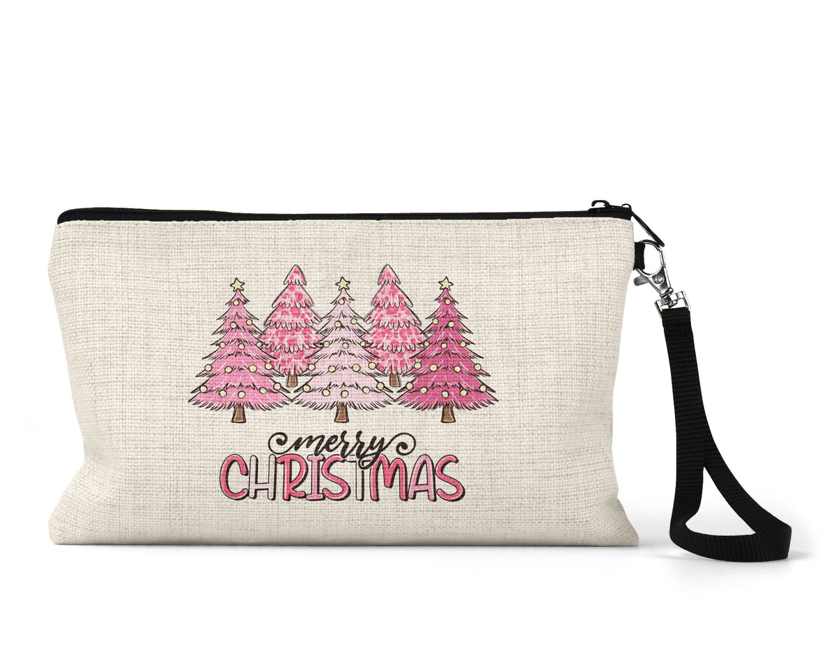 Pink Christmas trees Makeup Bag front view on a white background