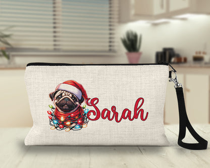Personalized Christmas pug Makeup Bag on a kitchen counter