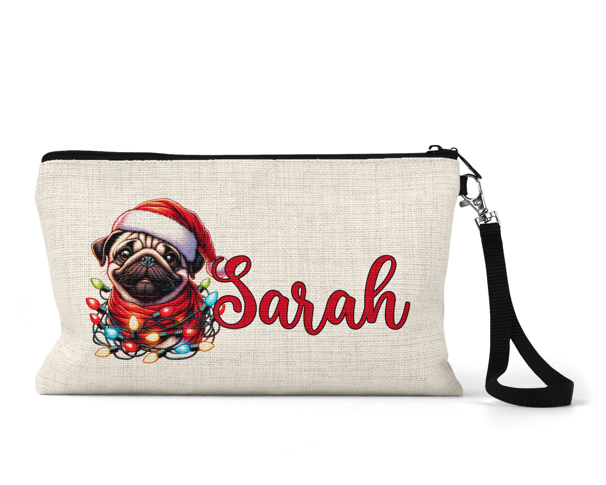 Personalized Christmas pug Makeup Bag front view on a white background