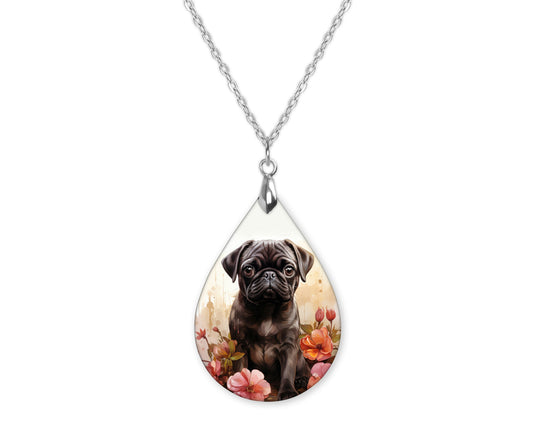 Black Pug Floral Teardrop Shape Necklace