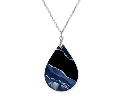 Blue Black Silver Agate Teardrop Shape Necklace