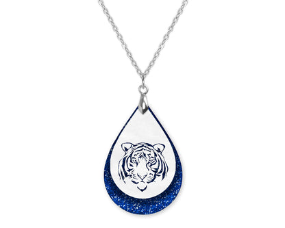 Blue White Tiger Game Day Teardrop Shape Necklace