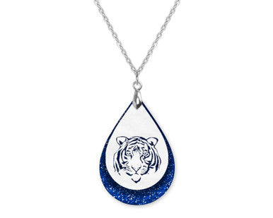 Blue White Tiger Game Day Teardrop Shape Necklace