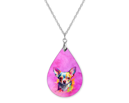 Chihuahua Color Splatter Art Teardrop Shape Necklace