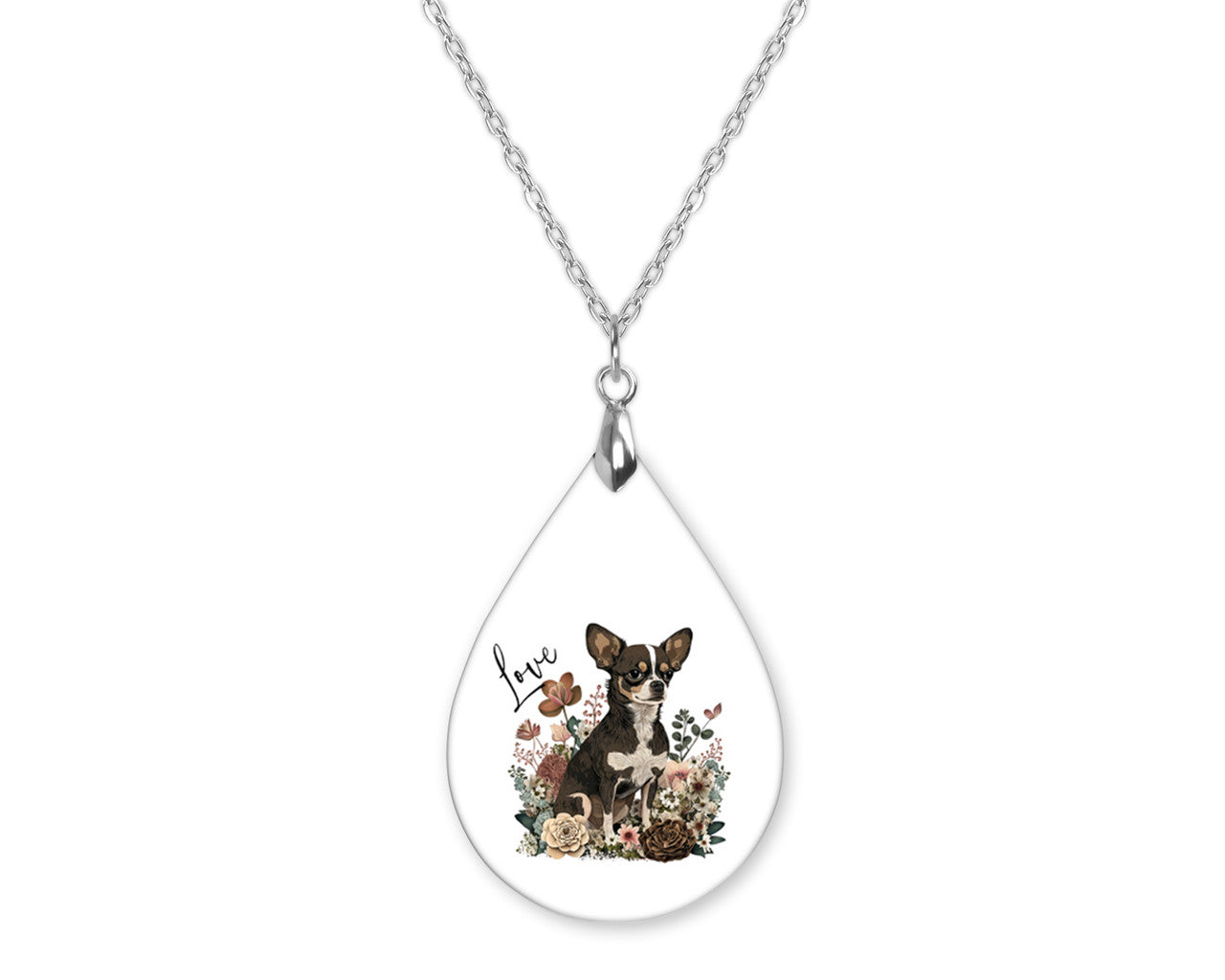Chihuahua Love Floral Teardrop Shape Necklace