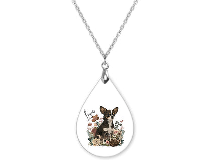 Chihuahua Love Floral Teardrop Shape Necklace