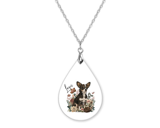 Chihuahua Love Floral Teardrop Shape Necklace