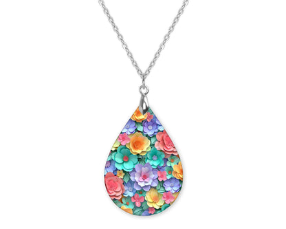 Floral Paper Flower Teardrop Shape Necklace