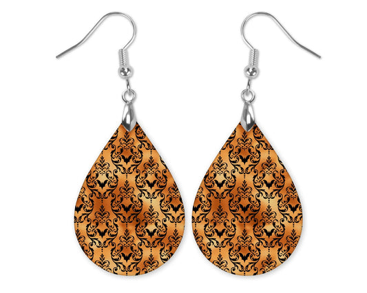 Halloween Orange Bat Teardrop Earrings